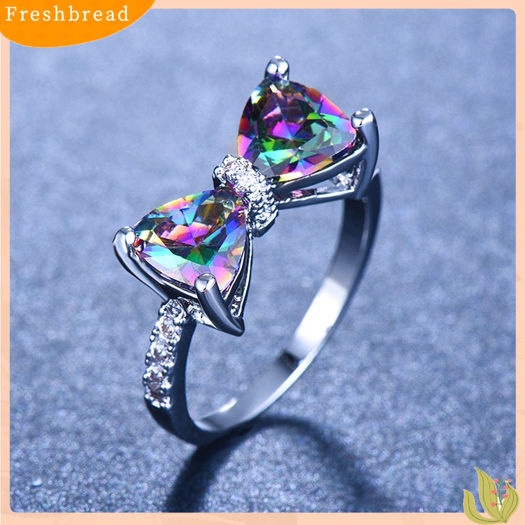 &lt; Freshbread &gt; Wanita Cincin Aesthetic Bow-knot Shiny Rhinestone Bertatahkan Sparkling Hias Hadiah Valentine Berwarna Cubic Zirconia Jari Telunjuk Cincin Perhiasan Aksesori Busana