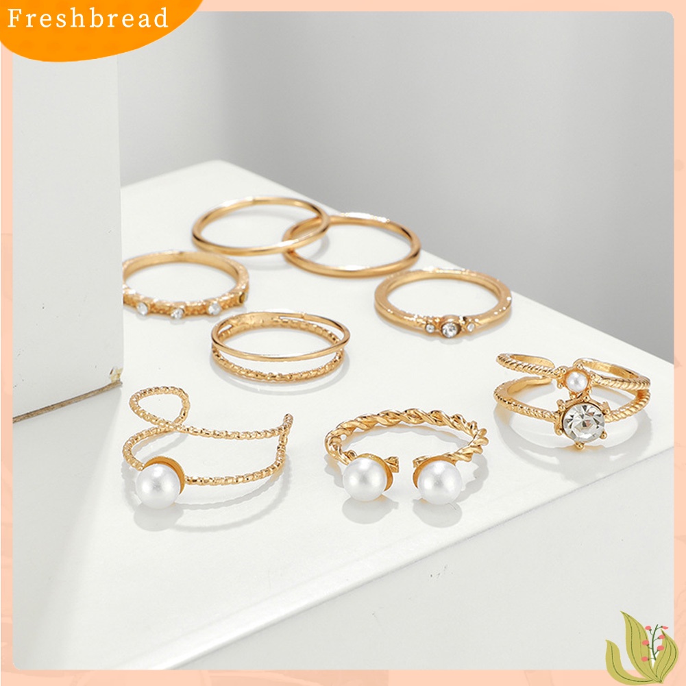 &lt; Freshbread &gt; 5/8Pcs Bohemian Wanita Mutiara Imitasi Berlian Imitasi Cincin Jari Terbuka Perhiasan Yang Dapat Disesuaikan