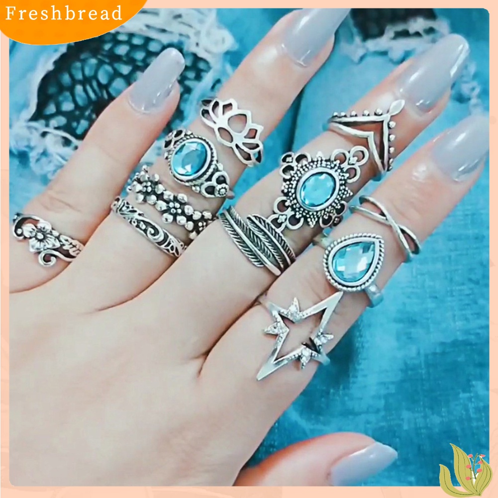 &lt; Freshbread &gt; 11 Pcs Wanita Retro Berongga Berlian Imitasi Knuckle Midi Ujung Jari Susun Cincin Bersama