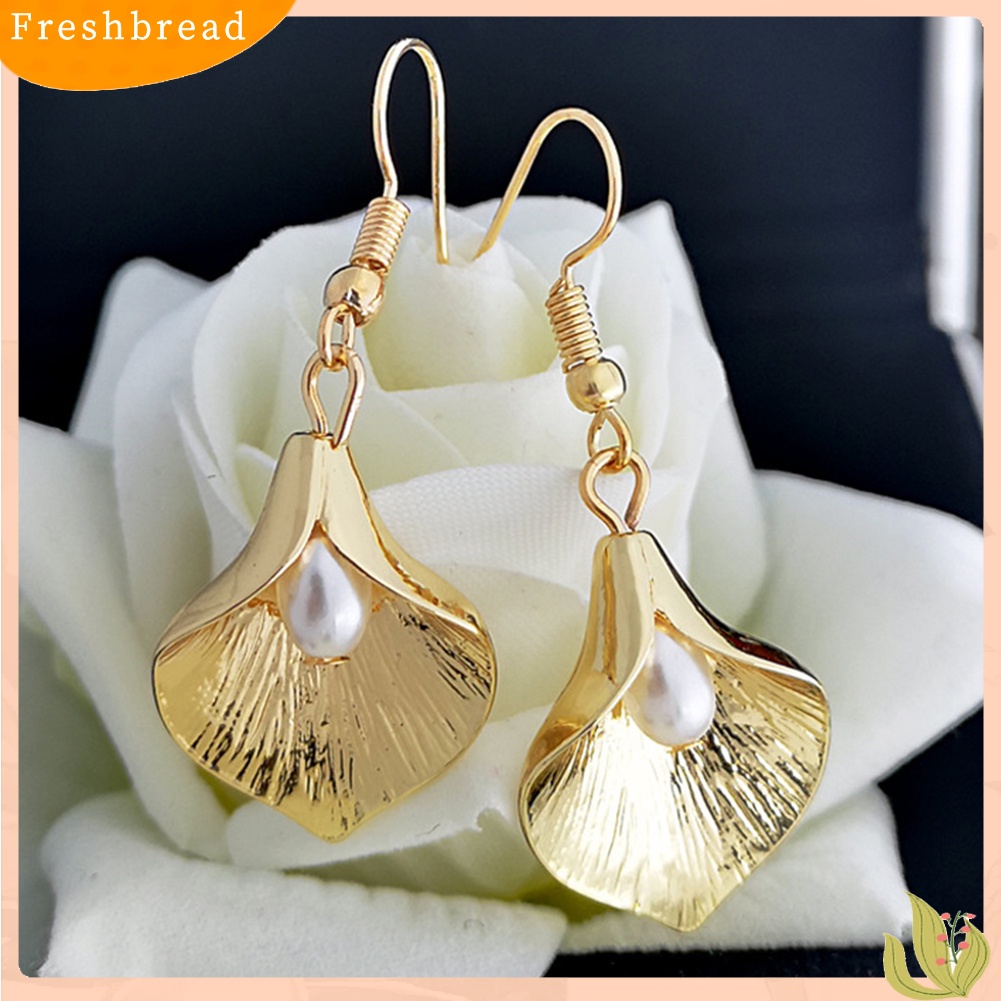 < Freshbread > Kreatif Wanita Mutiara Imitasi Kelopak Bunga Liontin Kait Anting Retro Perhiasan Pesta