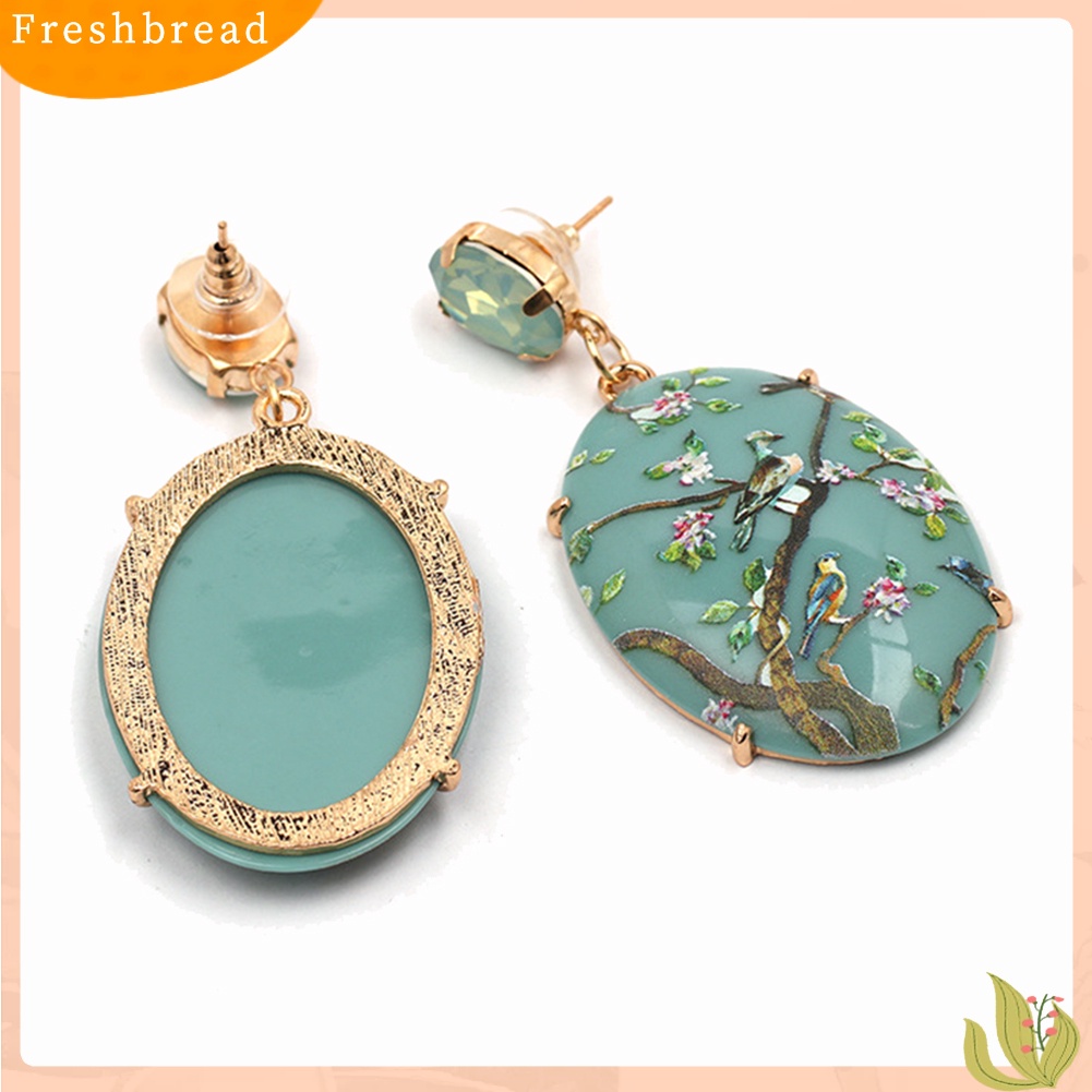 &lt; Freshbread &gt; Retro Wanita Bunga Oval Imitasi Batu Permata Menjuntai Anting Eardrop Pesta Perhiasan