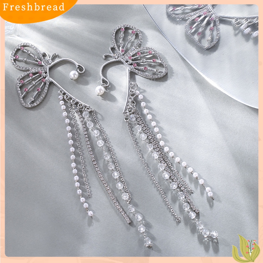 &lt; Freshbread &gt; 1Pc Mutiara Imitasi Dekorasi Tanpa Tindik Panjang Telinga Manset Wanita Elegan Berlian Imitasi Bentuk Kupu-Kupu Rumbai Anting Perhiasan Aksesoris