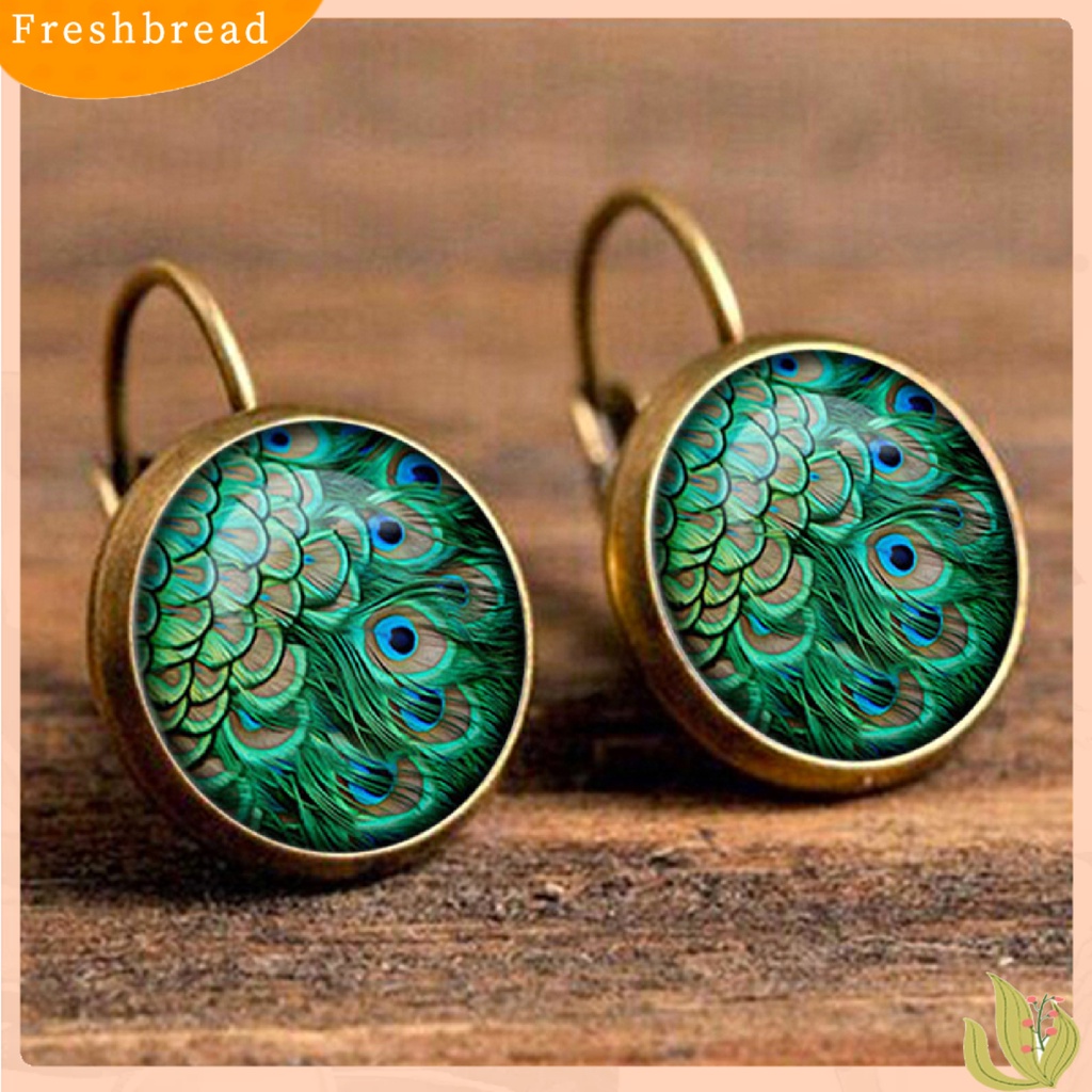 &lt; Freshbread &gt; 1pasang Anting Kaca Cabochon Menjuntai Motif Merak 2warna Anting Leaverback Vintage Untuk Hadiah