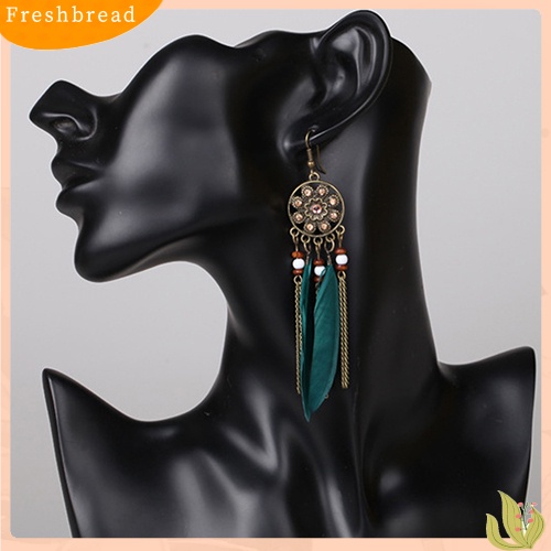 &lt; Freshbread &gt; Wanita Vintage Bohemia Etnik Dream Catcher Bulu Jumbai Anting Kait Panjang