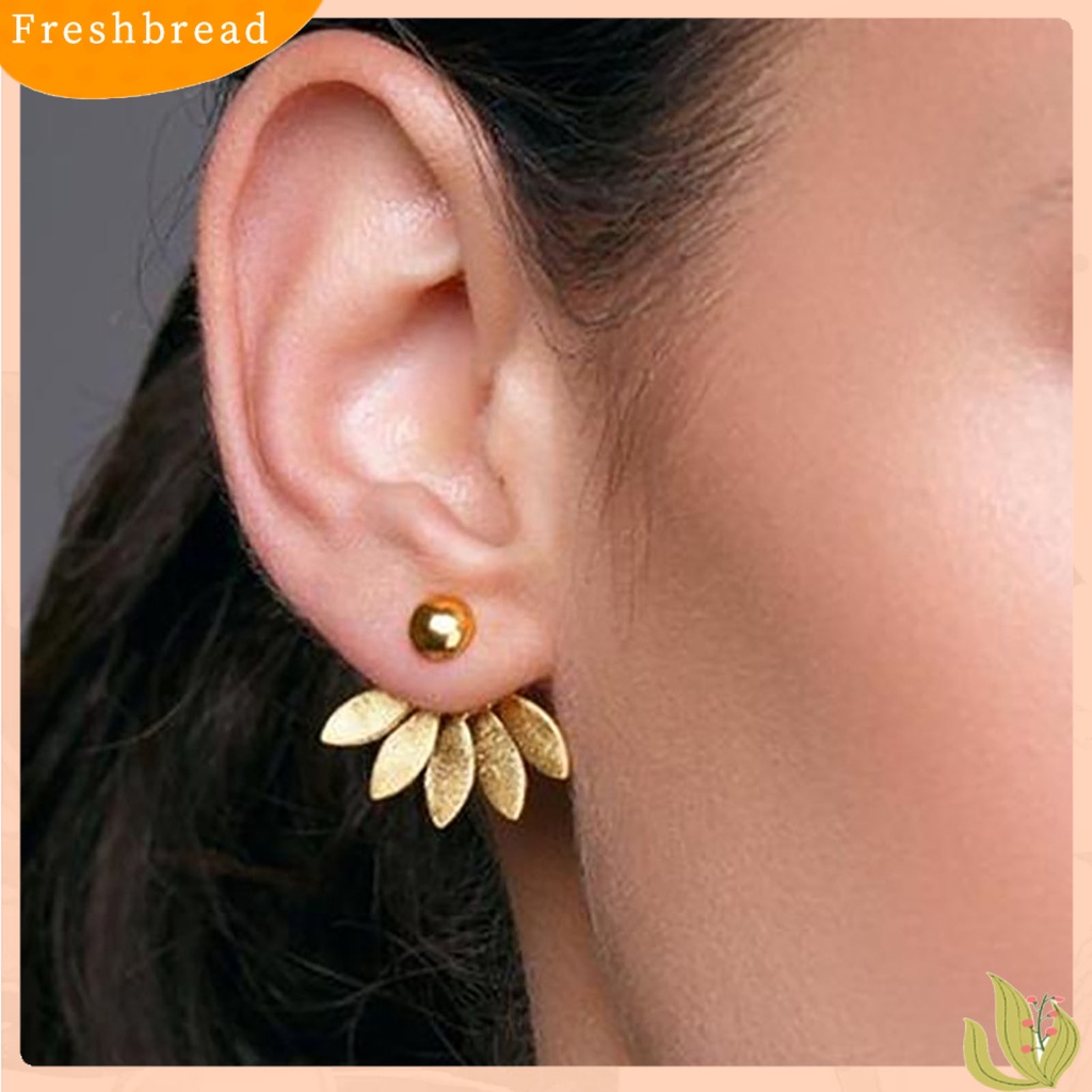 &lt; Freshbread &gt; 1pasang Tindik Menawan Depan Belakang Gaya Gantung Wanita Anting Bentuk Kipas Daun Stud Earrings Perhiasan Aksesori