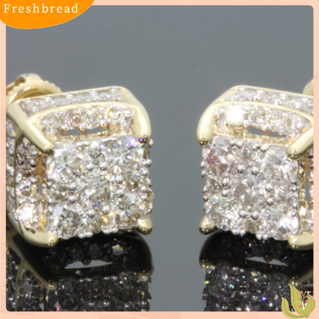 &lt; Freshbread &gt; 1pasang Giwang Telinga Persegi Kepribadian Indah Alloy Cubic Zirconia Hias Piercing Studs Earrings Untuk Kehidupan Sehari-Hari