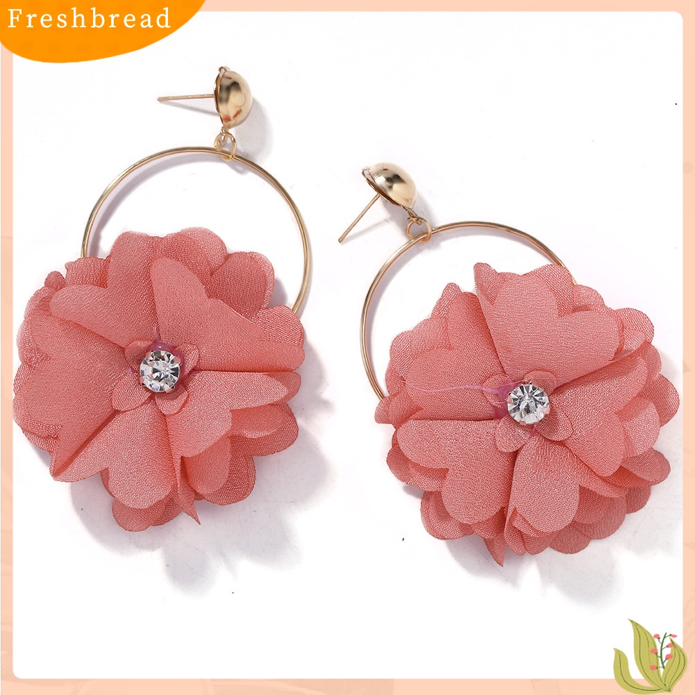 &lt; Freshbread &gt; Fashion Wanita Berlian Imitasi Bunga Bulat Menjuntai Ear Drop Earrings Perhiasan Hadiah