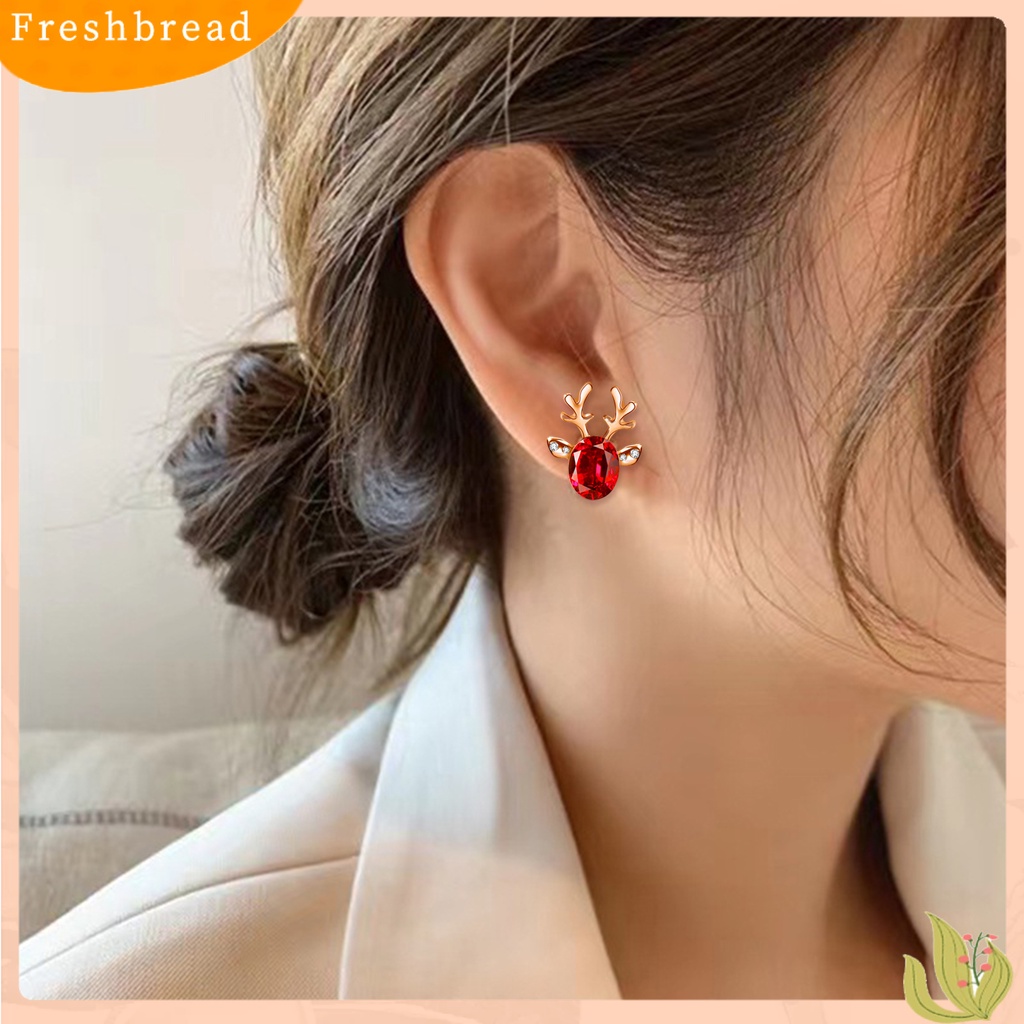 &lt; Freshbread &gt; 2Pcs Natal Ear Studs Boho Faux Gemstone Shiny Rhinestone Hias Festival Hadiah Xmas Tanduk Stud Anting Wanita Perhiasan Pesta Untuk Tahun Baru