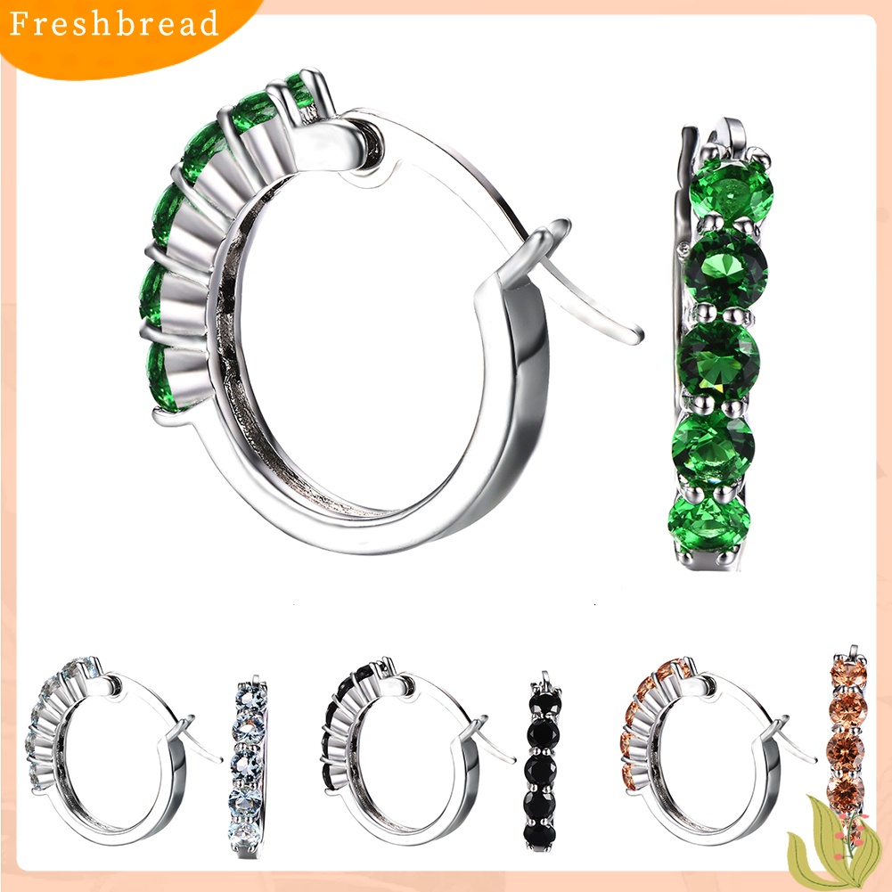 &lt; Freshbread &gt; Wanita Potongan Bulat Cubic Zirconia Hias Perak Disepuh Huggie Earrings Perhiasan Hadiah