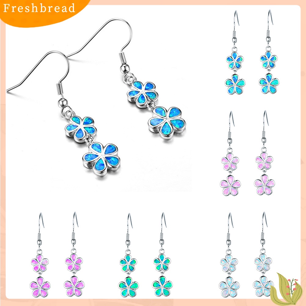 &lt; Freshbread &gt; Fashion Wanita Faux Opal Hias Bunga Panjang Menjuntai Ear Hook Earrings Jewelry