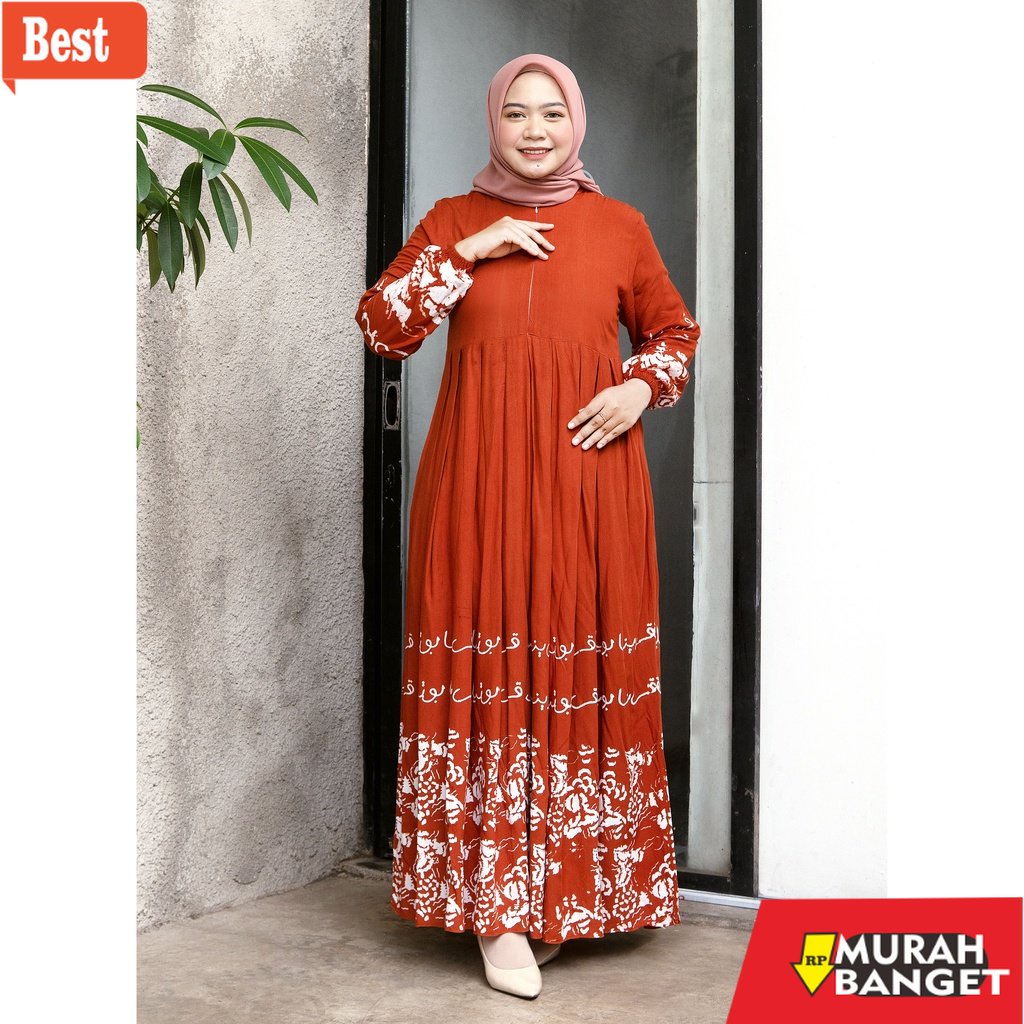 GAMIS SIZE BESAR TERBARU- GAMIS MOTIF QORINA LETTER FLOWER TERBARU WARNA MERAH BATA / GAMIS RAYON PR