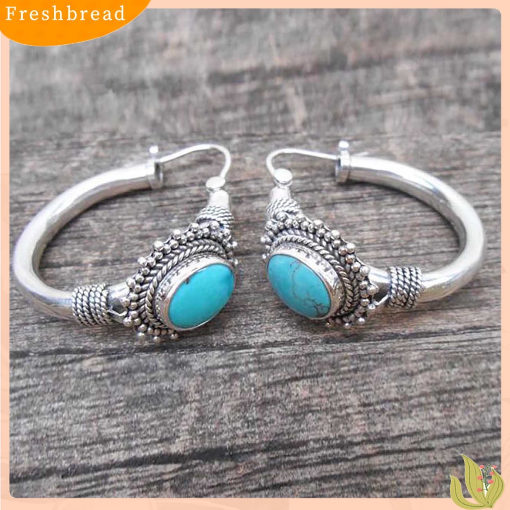 {In Stock} 1pasang Anting Hoop Tindik Oval Ukir Unik Biru Turquoise Bohemia Retro Earrings Aksesoris Perhiasan