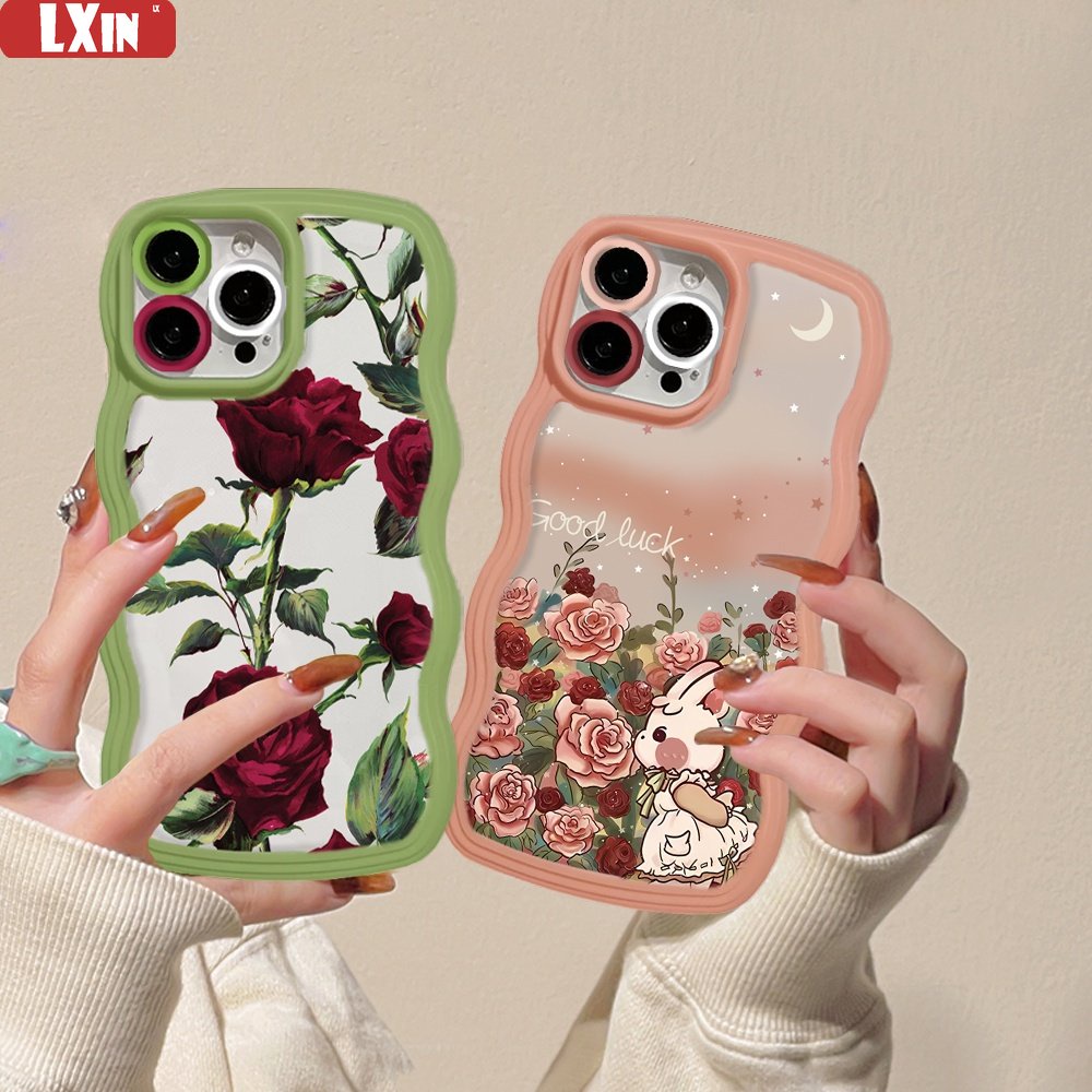 Case OPPO A17 A57 2022 A15 A16 A16K A54 A12 A5S A7 A94 A93 A3S A11k A53 A31 A52 A92 A37 F9 A1K A76 A36 5F A9 2020 Motif Mawar Dan Kelinci Wave Edge TPU Phone Case Cover