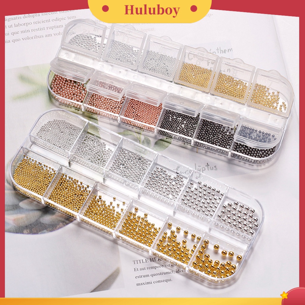 {In Stock} 1kotak Bola Baja Kuku Tiga Dimensi Berkilau Berkilau DIY Ukuran Campur 12kisi Bola Baja Bulat Hiasan Nail Art Untuk Salon Kuku