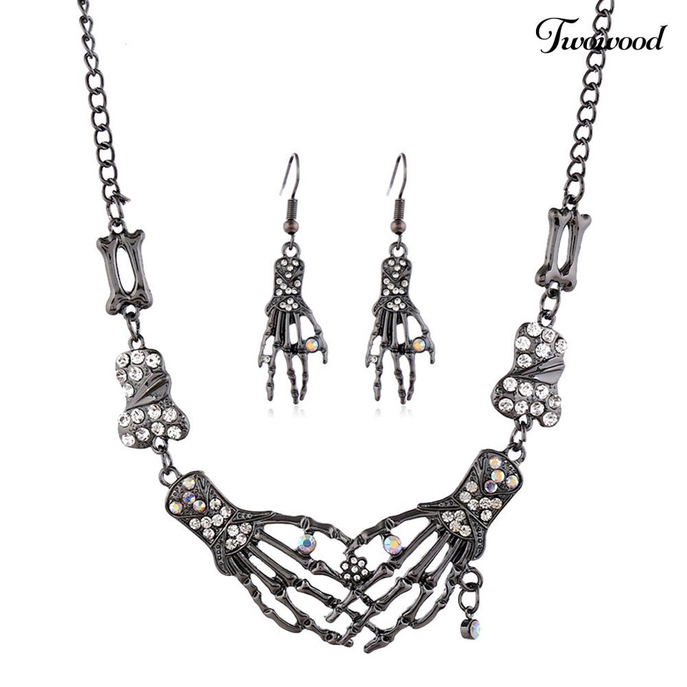 Twowood Alloy Rhinestone Skeleton Tangan Liontin Rantai Kalung Kait Anting Set Perhiasan