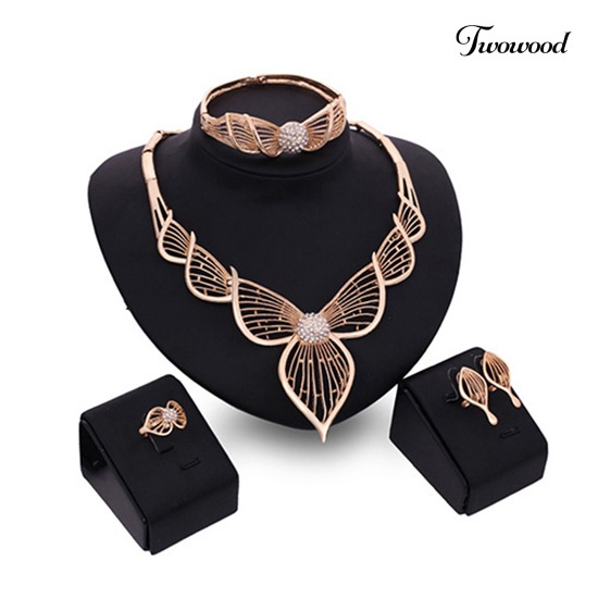 Twowood Princess Sweet Set Perhiasan KC Lapis Emas Hollow Kalung Bangle Cincin Anting