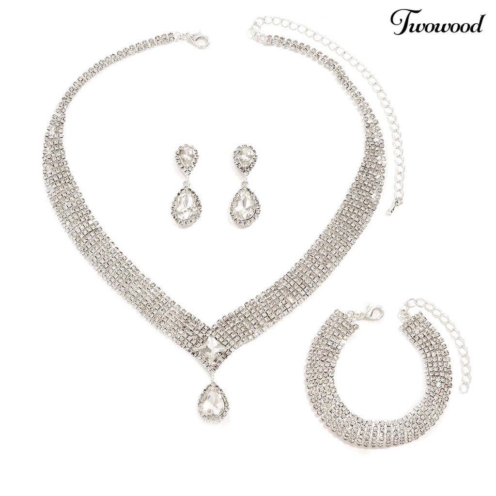 Twowood 4Pcs/Set Wanita Kalung Set High Gloss Dress Up Hypoallergenic Berlian Imitasi Bersinar Terang Kilau Set Perhiasan Aksesori