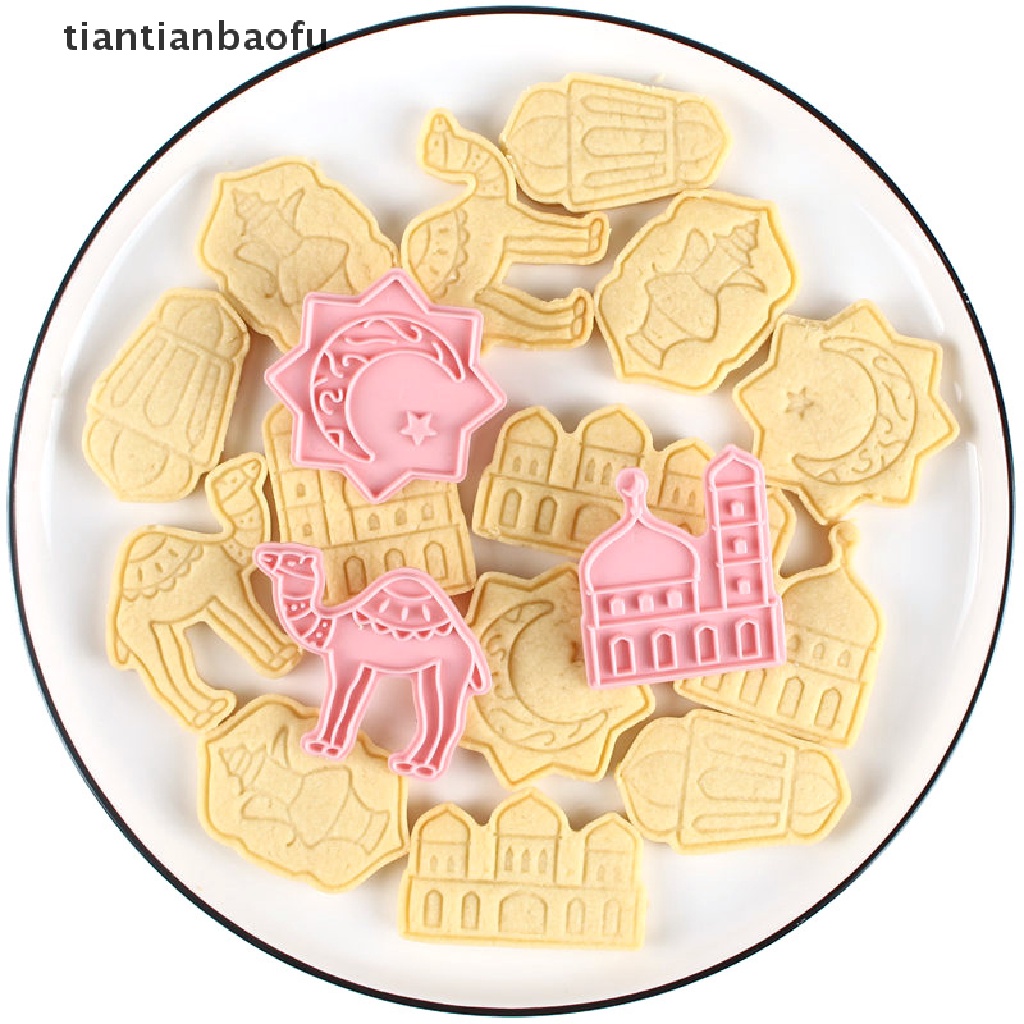 [tiantianbaofu] 6/8pcs/set Pemotong Kue Kering Kartun Eid Mubarak DIY Plastik Ramadan Alat Kue Butik