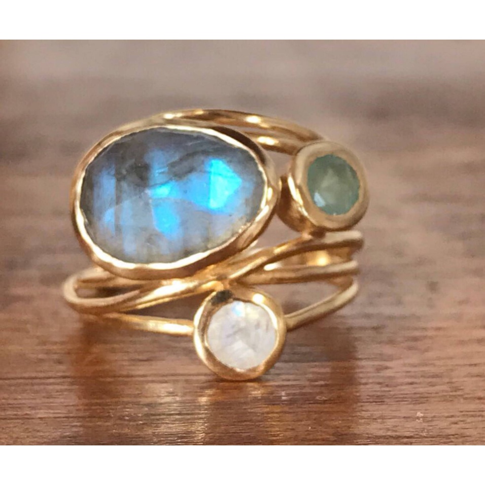 Goldkingdom Fashion Perhiasan Aksesoris Ready Stock Berlapis Emas Tujuh Warna Moonlight Batu Cincin Perempuan Kreatif Multi Layer Shell Ring