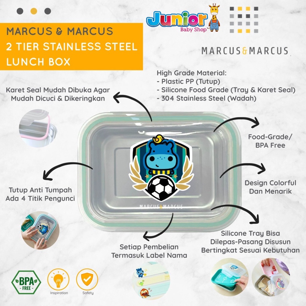 Marcus &amp; Marcus 2 Tier Stainless Steel Lunch Box - Kotak Makan Anak Stainless Dua Tingkat