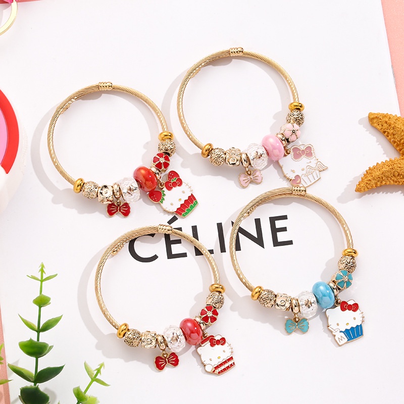 XiaoboACC Stainless Steel DIY Kartun KT Kucing Liontin Terbuka Dapat Disesuaikan Gelang