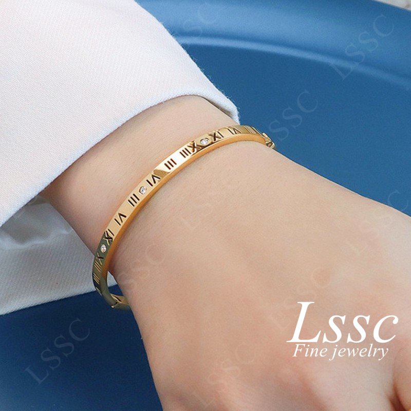 Gelang Titanium Wanita Anti Karat Berlian Emas 18K Romawi Elegan Korea Bangle Aksesoris Perhiasan Fashion