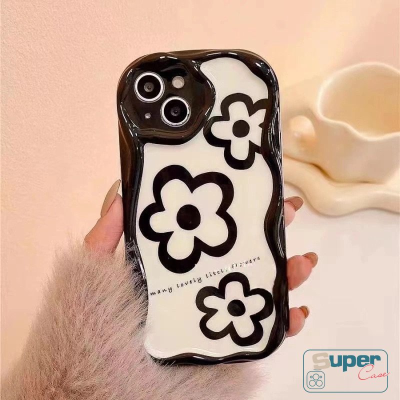 Simple Retro Antik Putih Tiga Bunga Glossy Case Kompatibel Untuk IPhone 6s 8 6 7 Plus XR 11 13 14 12 Pro Max X XS Max SE 2020 3D Wavy Curved Edge Shockproof Airbag Soft Cover