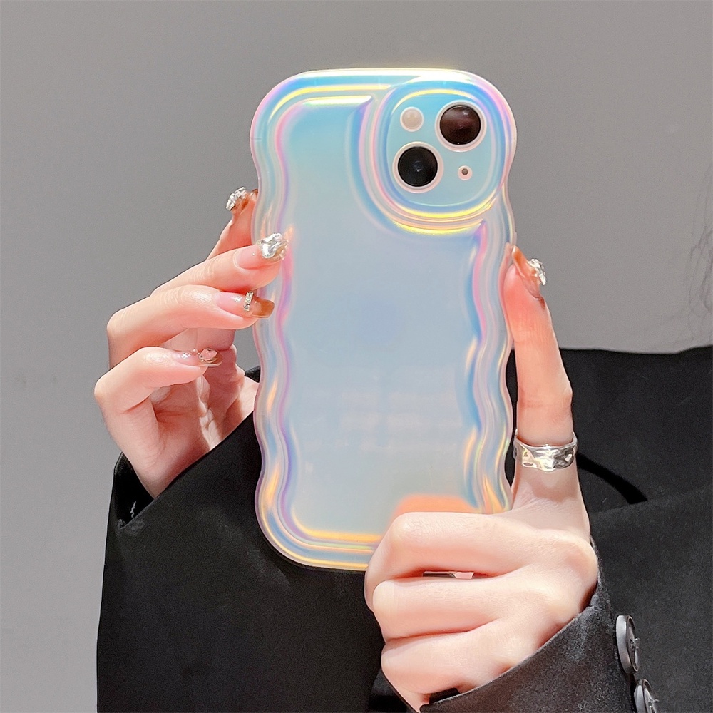 Mewah Gelombang Besar Laser Warna Solid Wave Pleat Phone Case Untuk Apple iPhone 14 Pro Max11 13 12 14 Plus Perlindungan Kembali Transparan Shockproof Cover