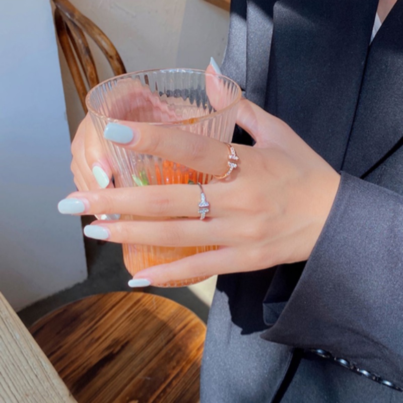 Roselife Korea Fashion Perak Emas Zirkon Mengkilap Ganda T Terbuka Cincin Untuk Wanita Gadis Klasik Pecinta Pasangan Rings Cuff Finger Jewelry Gift