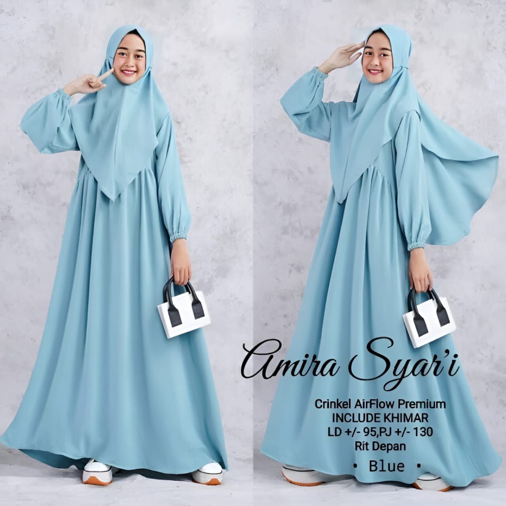 Amira Dress Muslim Anak Perempuan Matt Cringkle Airflow Polos Basic Fit To XL Besar OOTD Gamis Syarii Premium