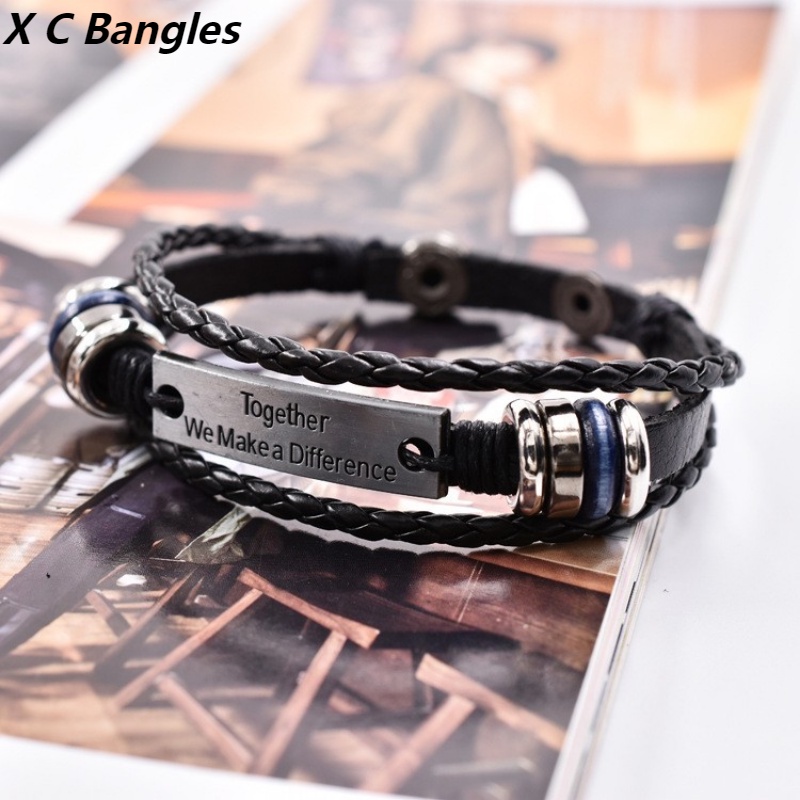 [X C Gelang] Pasangan Baru Huruf Inggris Gaya Gelang Kulit Hitam Vintage Hip Hop Punk Gelang Kulit Lengan Lengan Paduan Seng Anyaman Gelang