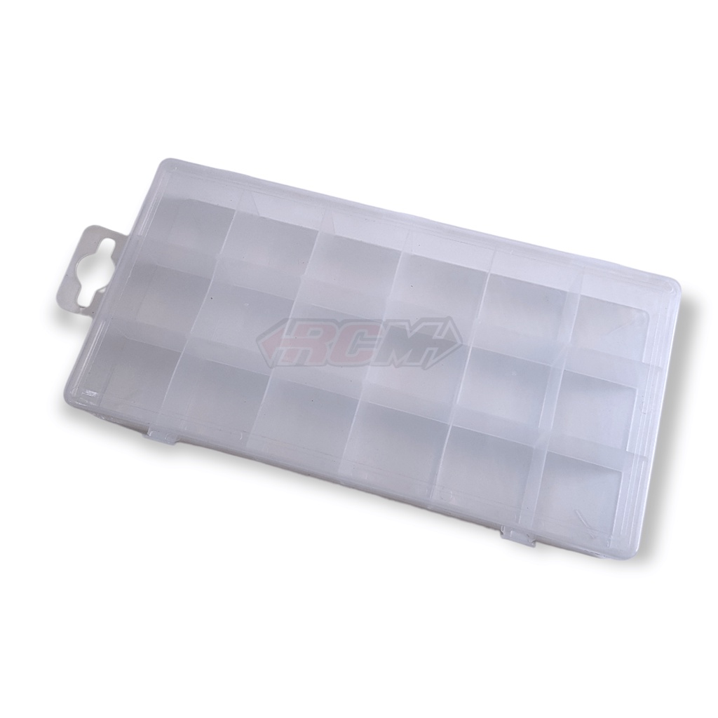 TEMPAT PENYIMPANAN BOX BOK 18 SEKAT KOMPARTEMEN KONTENER KONTAINER KOTAK BESAR RULES BENING CLEAR PLASTIK MUR BAUT KAIL KANCING CAIL PANCING UMPAN PAYET MUTE AKSESORIS KALUNG SERBAGUNA DLL PJG -+ 20CM