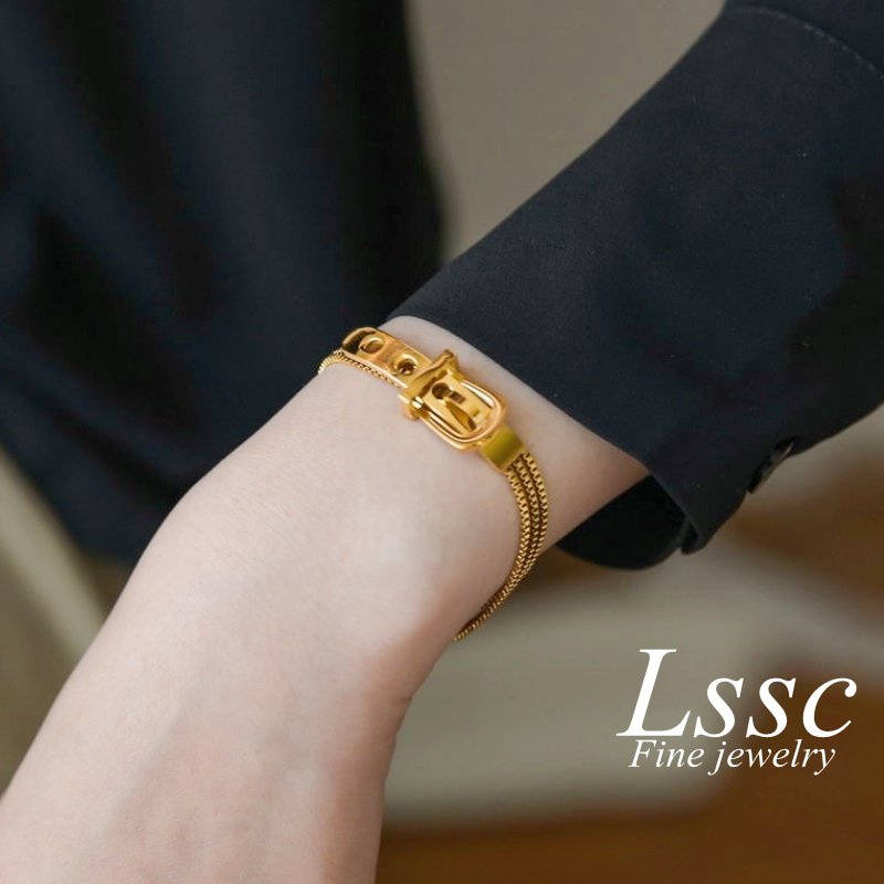 Gelang Titanium Wanita Anti Karat Gesper Sabuk Emas 18K Elegan Cantik Korea Aksesoris Perhiasan Fashion