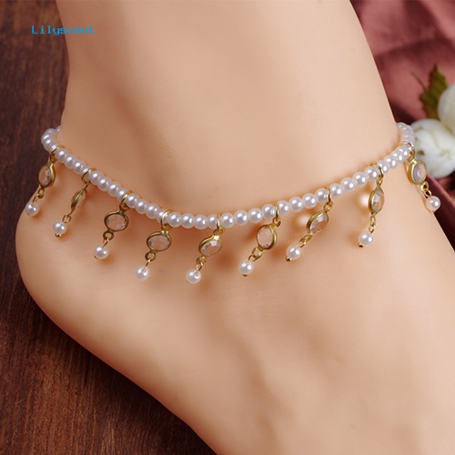 Lilyscent Wanita Mutiara Imitasi Berlian Imitasi Gelang Kaki Jumbai Barefoot Ankle Foot Jewelry