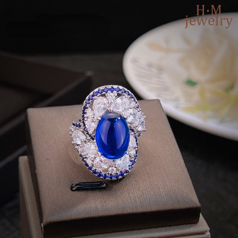 S925 Perak Rasa Laut Blue Vortex Cincin Bertatahkan Berlian Biru Berwarna Permata Ornamen