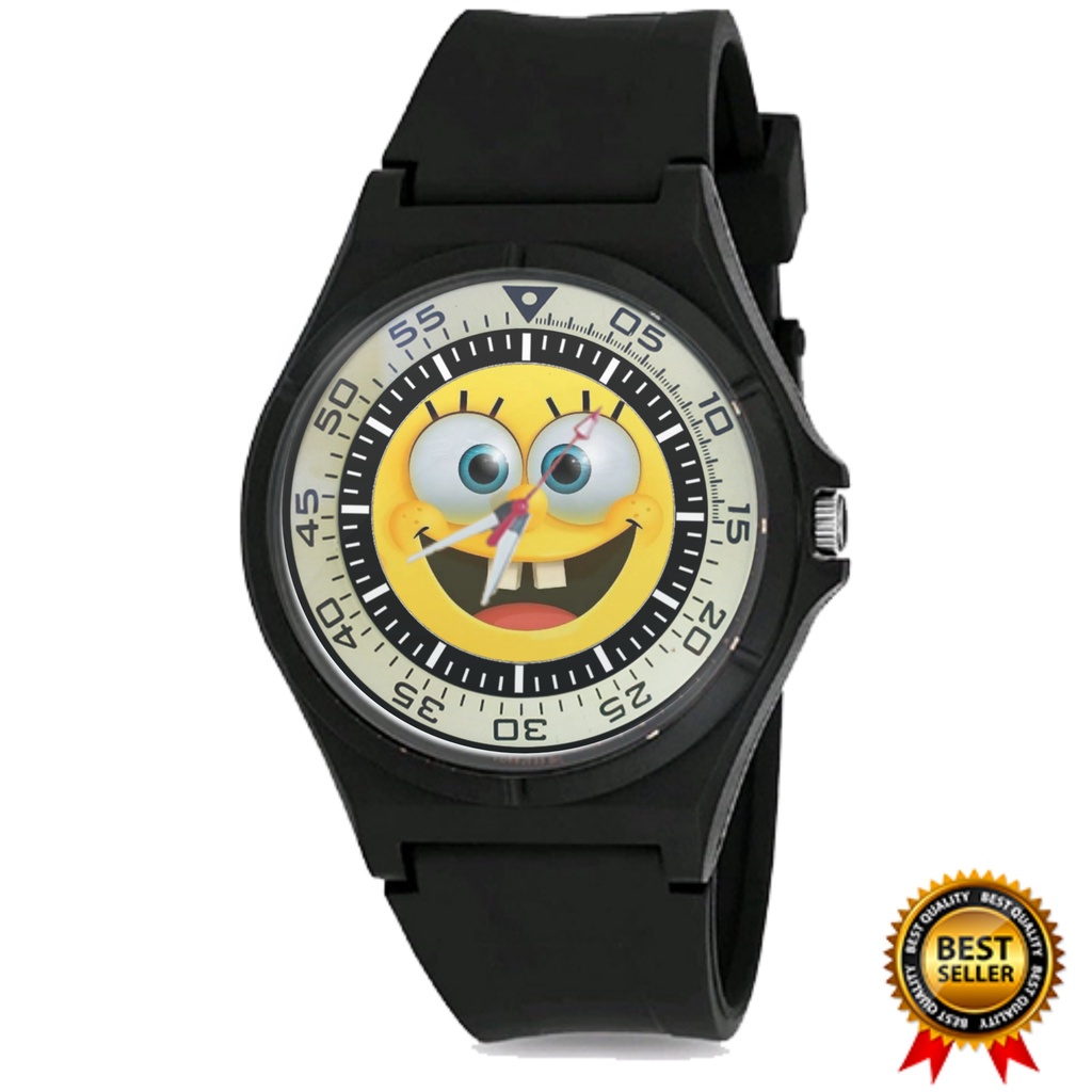 Jam Tangan Pria KARTUN SPONGEBOB SQUAREPANTS  Wanita Hitam Keren Terbaru