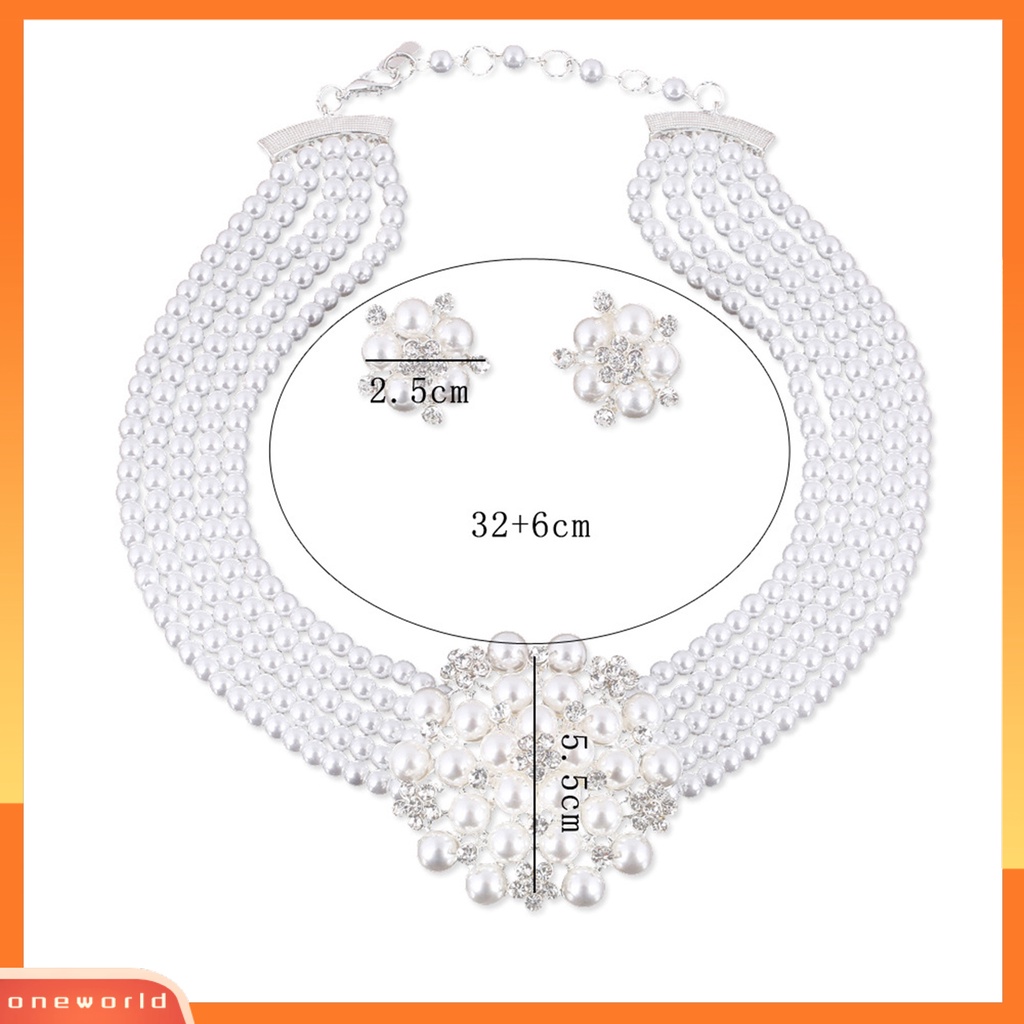 [ONE] 1set Kalung Anting Set High Gloss Mengkilap Terang Kilau Diikat Manik-Manik Mutiara Imitasi Bunga Pernikahan Pengantin Kalung Anting Perhiasan Hadiah