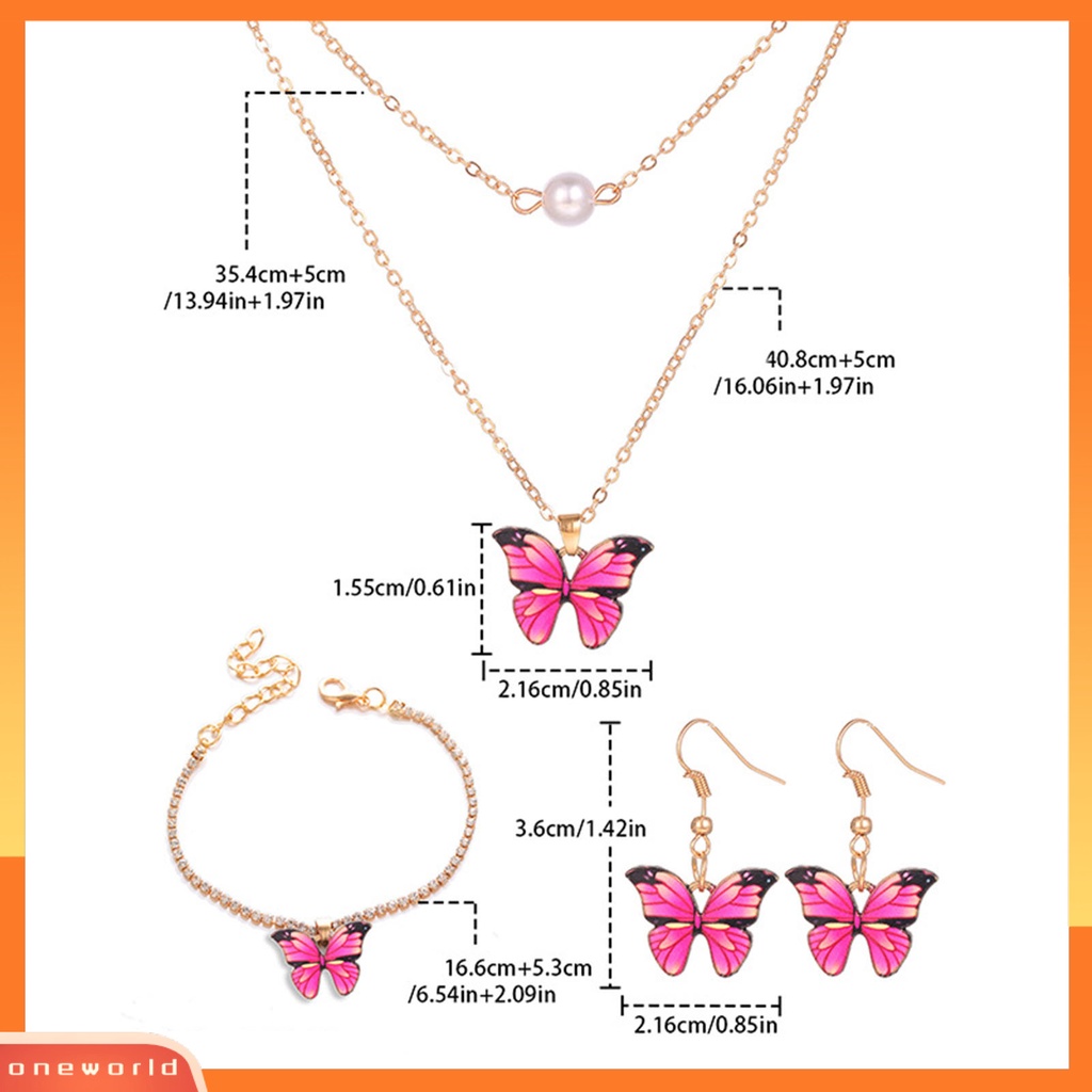 [ONE] 3 Pcs/Set Perhiasan Pesta Mutiara Imitasi Merah Muda Tua Kupu-Kupu Electroplating Jewelry Set Kalung Anting Gelang Wanita Aksesori