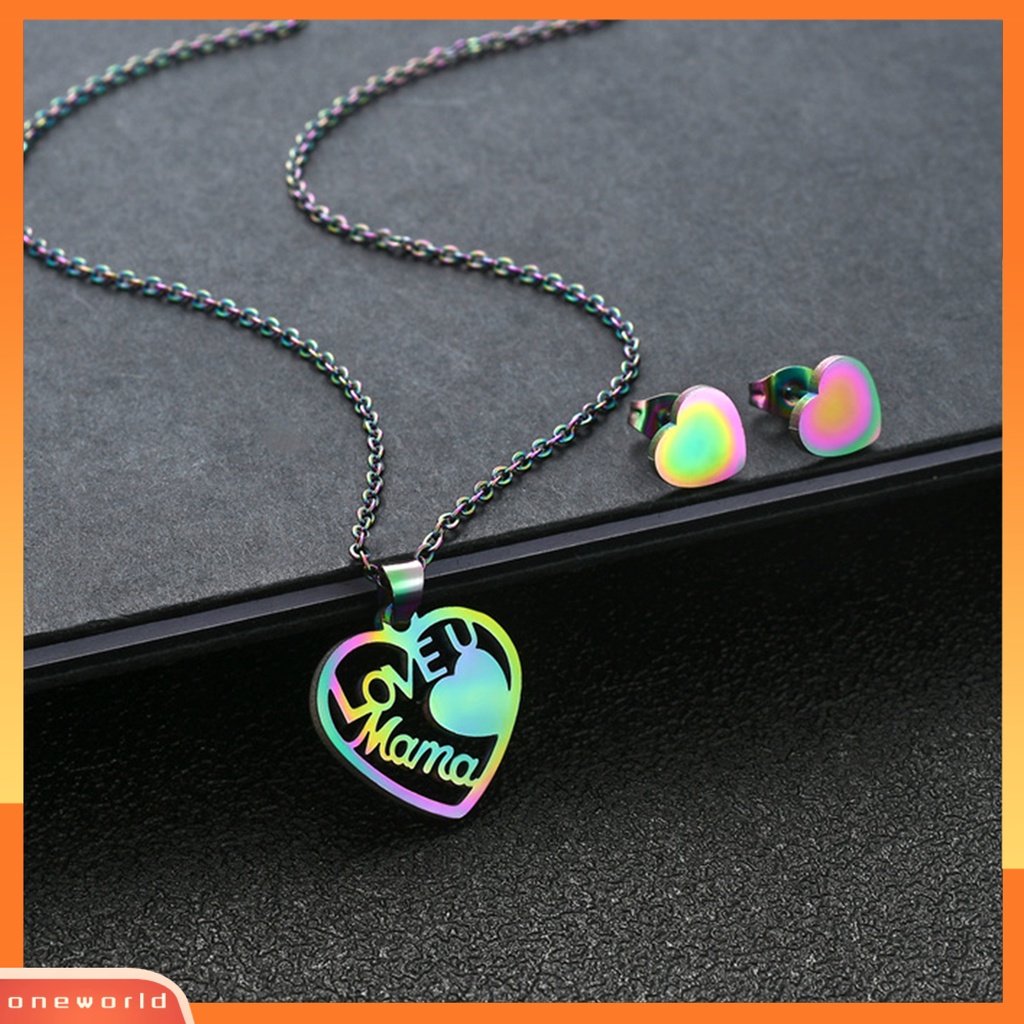 [ONE] 2 Pcs/Set Wanita Kalung Berongga Cinta U Mama Hadiah Hari Ibu Warna Pelangi Cinta Kecil Hati Telinga Studs Earrings Kit Fashion Perhiasan