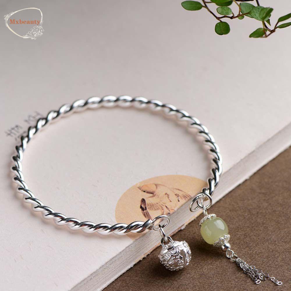 Mxbeauty Gelang Wanita Kreatif Elegan Cewek Bola Giok Minimalis Terbuka Manset Rumbai Warna Silver Gaya Korea