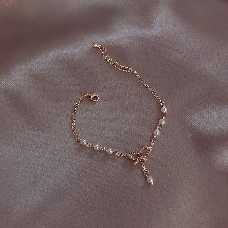 Gelang Mutiara Korea Simple Butterfly Heart Gelang Rantai Manik-Manik Putih Untuk Perhiasan Aksesoris Wanita