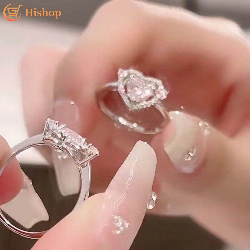 Cincin Perak Kristal Adjustable Pink Zircon Heart Rings Untuk Wanita Fashion Aksesoris Perhiasan