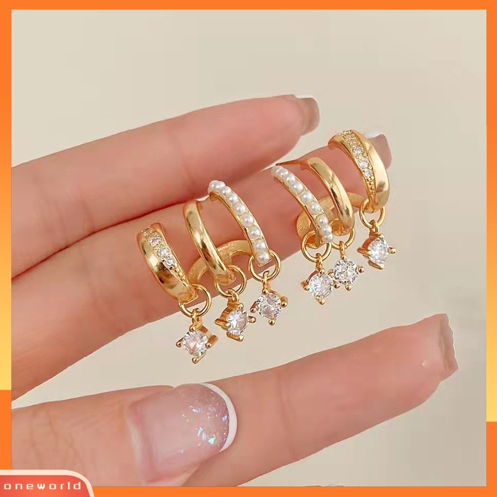 [EONE] 1pasang Anting Hoop Multi-layer Geometris Glitter Mutiara Imitasi Hias Berlian Imitasi Stud Earrings Perhiasan Aksesori