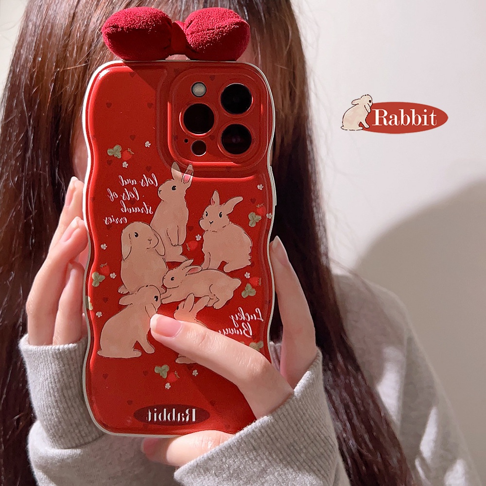 IPHONE Kartun Kelinci Rabbits Vintage Merah Perlindungan Penuh Dengan Kain 3D Busur Ponsel Case Cover Untuk Iphone11 12 13 14 PLUS PRO MAX