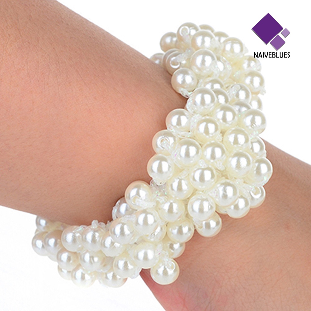 &lt; Naiveblues &gt; Fashion Wanita Manik-Manik Mutiara Imitasi Hair Band Scrunchie Ponytail Holder