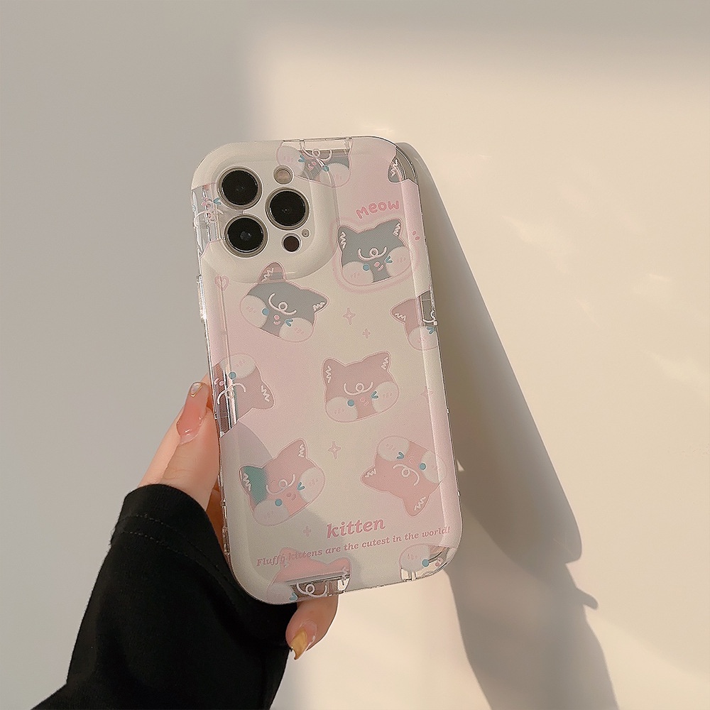 IPHONE Korea Cute Pink Cat Kartun Silikon Case Dengan Kartu Laser Untuk Iphone14 11 12 13 PRO MAX Casing Cover Pelindung AT0242