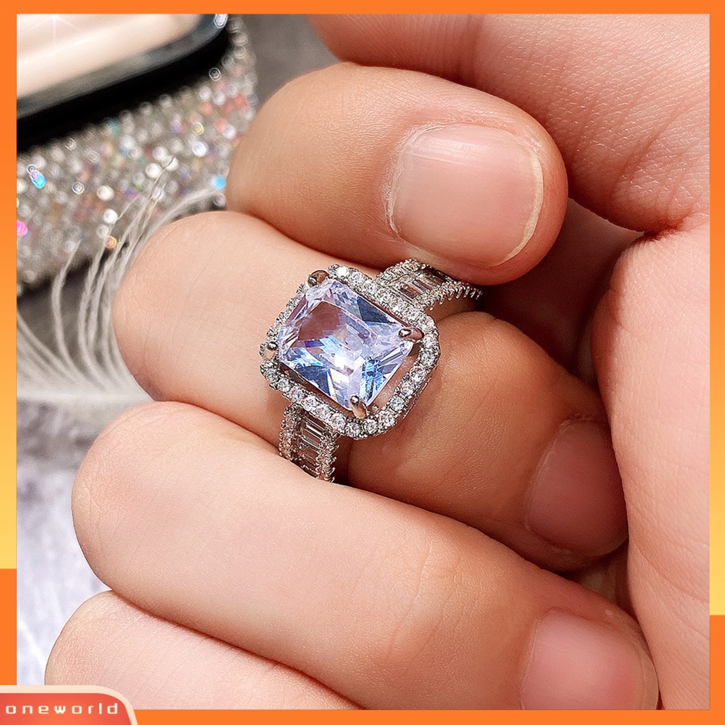 [EONE] Pernikahan Band Bersinar Persegi Berlian Imitasi Hypoallergenic Geometris Gaya Barat Hias Aksesori Bertatahkan Zirkon Lebar Band Cincin Wanita Perhiasan