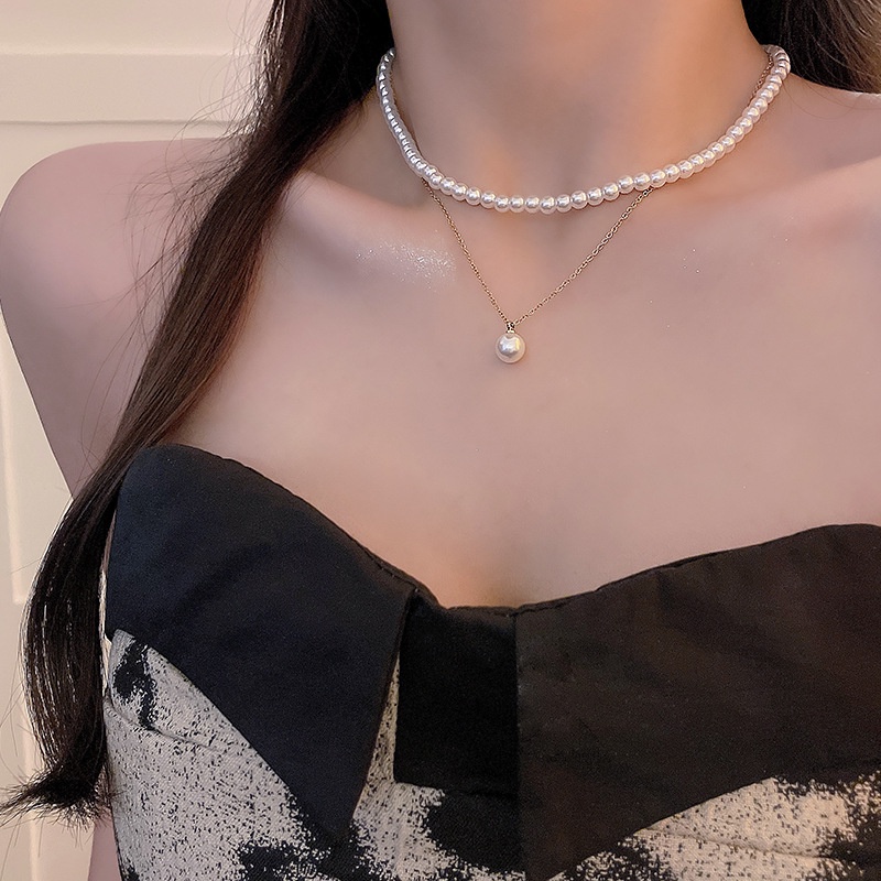 Kalung Manik-Manik Mutiara Lapis Ganda Choker Rantai Liontin Emas Untuk Aksesoris Perhiasan Wanita