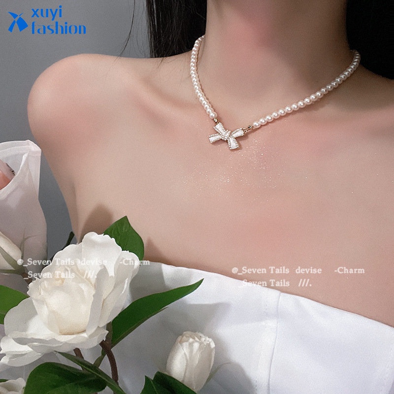 Kalung Rantai Manik-Manik Mutiara Simple Fashion Choker Klavikula Busur Untuk Aksesoris Perhiasan Wanita