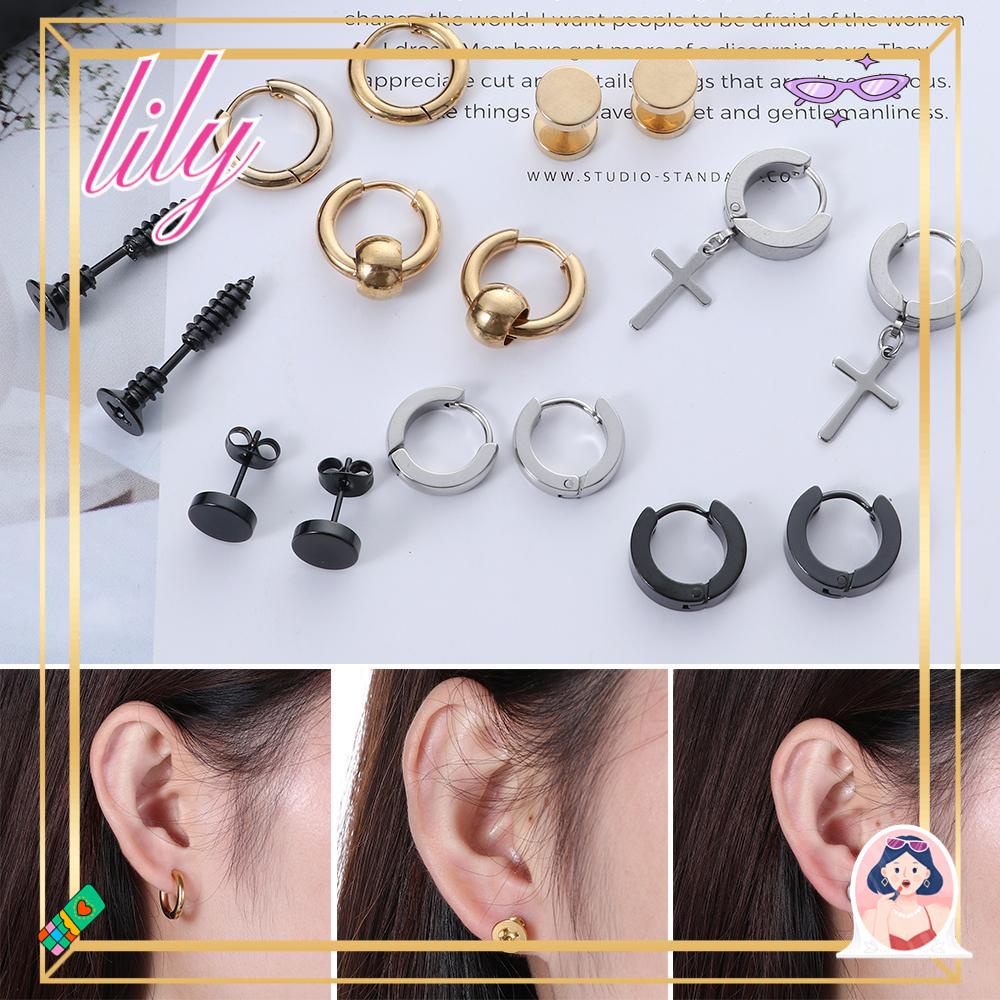 Lily Anting Set Wanita Pria Barbel Bar Stainless Steel Perhiasan Tindik Tubuh Hitam Dumbbell Stud